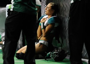One of the most emotional images in LFL history. Christy Bell distraught after a 26-25 loss to the LA Temptation in 2011 (Photo credit: Ethan Miller/Getty Images)