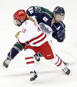 Playing against Wisconsin's Brianna Decker in her final NCAA Game (Photo credit: M.P. King, Wisconsin State Journal)