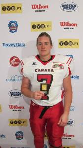 Paetsch being represented as Canada's player of the game in the gold medal game of the 2013 IFAF Women's Worlds (Image obtained from Facebook)