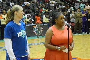WNBA President Laurel Richie attends the pre-game ceremony at Prudential Ceremony recognizing Smith’s stellar career (Photo credit: Ray Floriani)