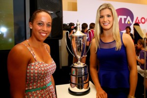 Eugenie Bouchard and Madison Keys pose with the Billie Jean King trophy at the WTA 40 Love Celebration during Middle Sunday of the Wimbledon Lawn Tennis Championships at the All England Lawn Tennis and Croquet Club on June 30, 2013 in London, England. (June 29, 2013 - Source: Julian Finney/Getty Images Europe)  