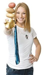 Proud PEI native Heather Moyse promoting homegrown potatoes (Image obtained from: www.potatopro.com)