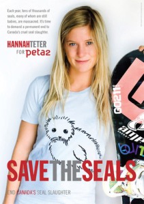 Teter with a Save the Seals ad for PETA